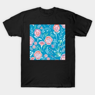 Pansy floral garden on blue T-Shirt